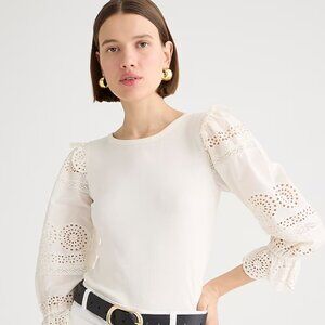 J. Crew Ruffle Hem Eyelet Top in Vintage Rib Ivory Cream size small - New